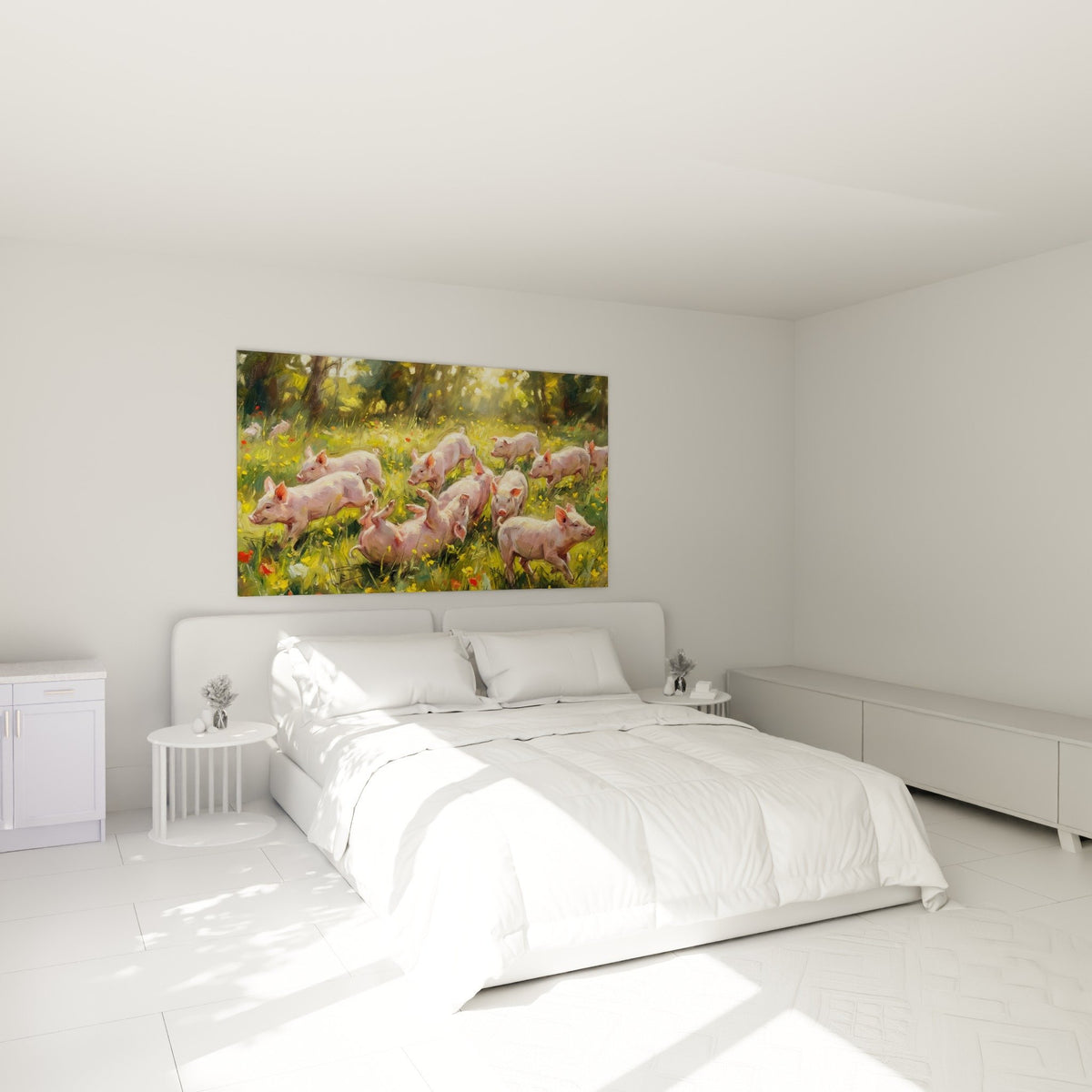 Decoration murale cochons roses prairie fleurie ambiance champetre chambre style campagnard authentique