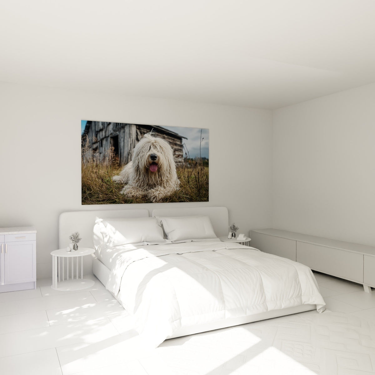 Decoration murale Komondor chambre ambiance campagnarde chien berger pelage blanc toile artistique