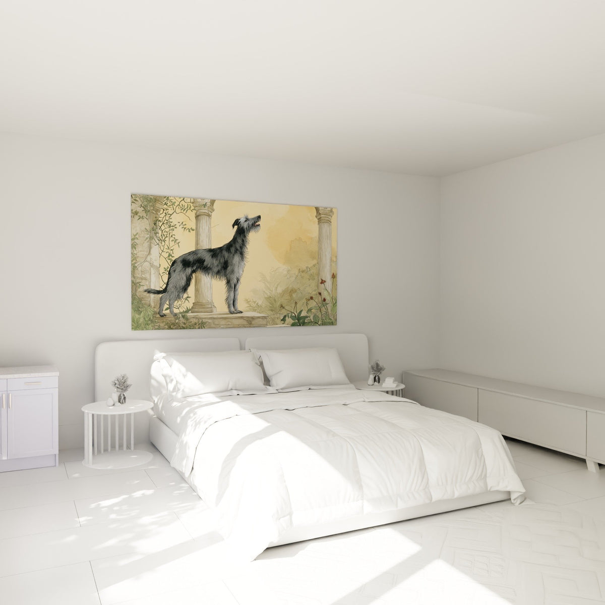 Deerhound gris colonnes grecques decoration murale chambre style classique elegant