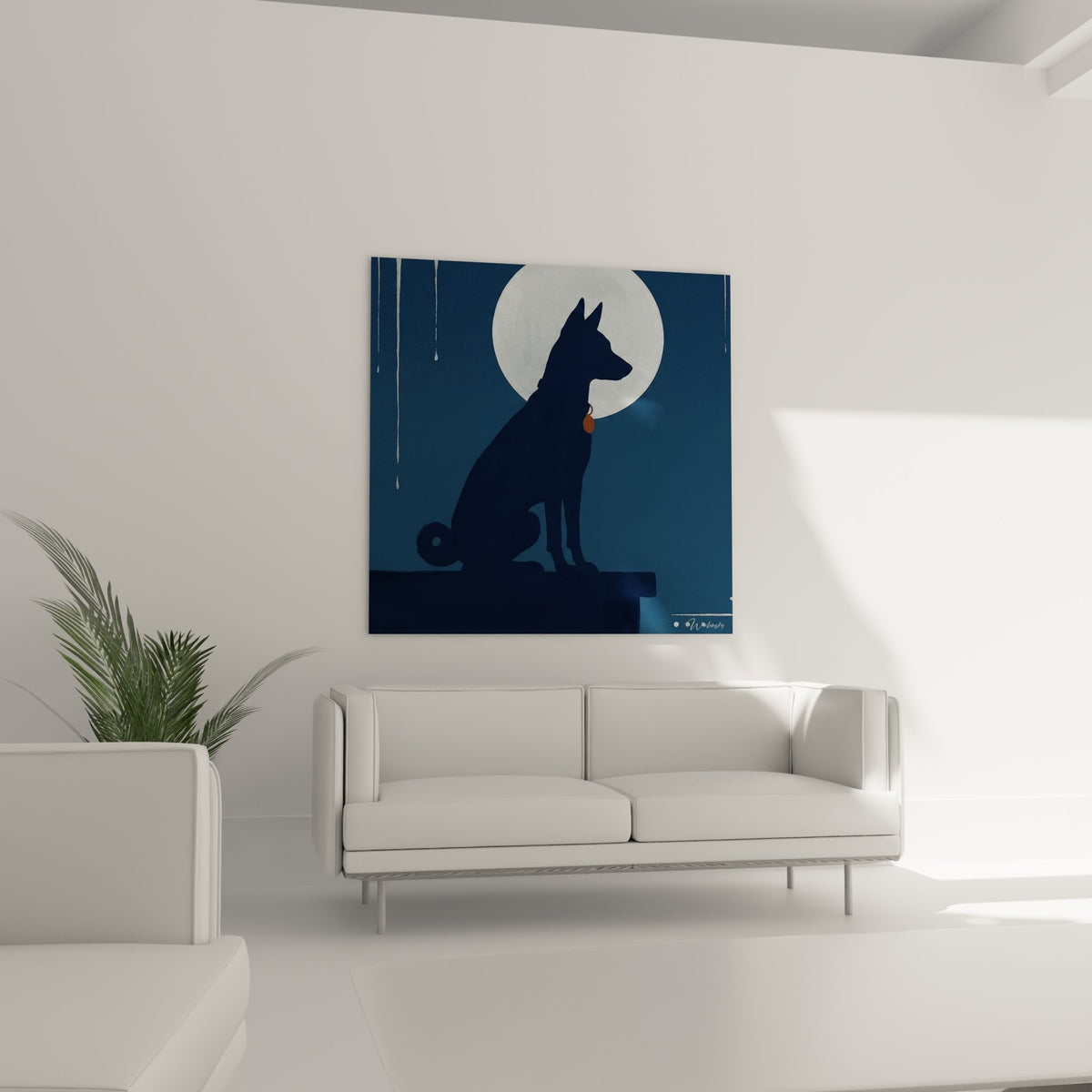 Detail tableau Basenji silhouette lune contraste noir blanc collier cuivre art contemporain bleu