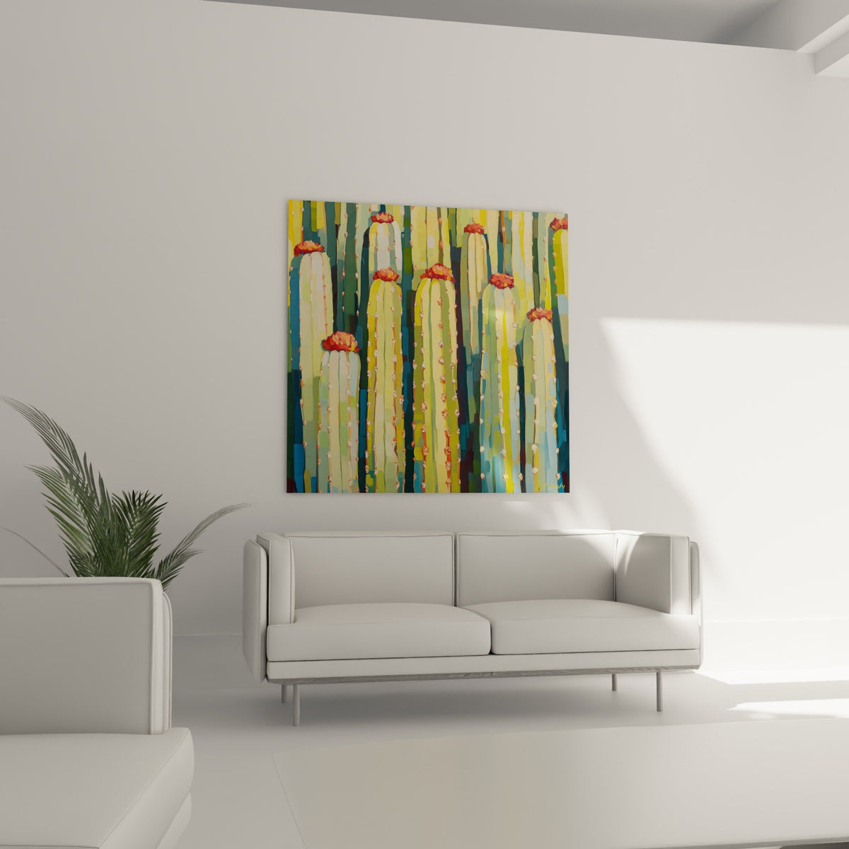 Detail peinture cactus verts jaunes avec couronnes florales rouge orange texture artistique