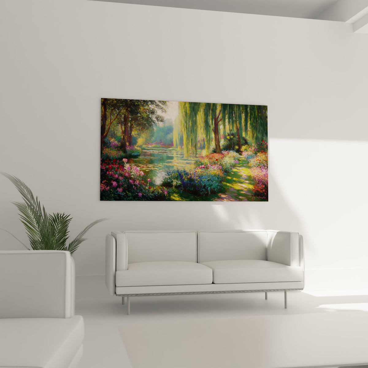 détail tableau étang impressionniste avec reflets dorés nénuphars et végétation luxuriante jardin romantique