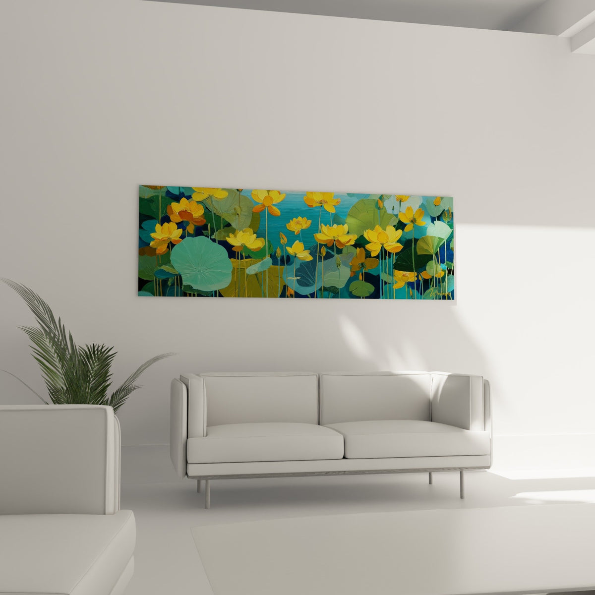 Détail gros plan fleurs de nénuphars dorées aux pétales délicats sur fond d'eau turquoise miroitante