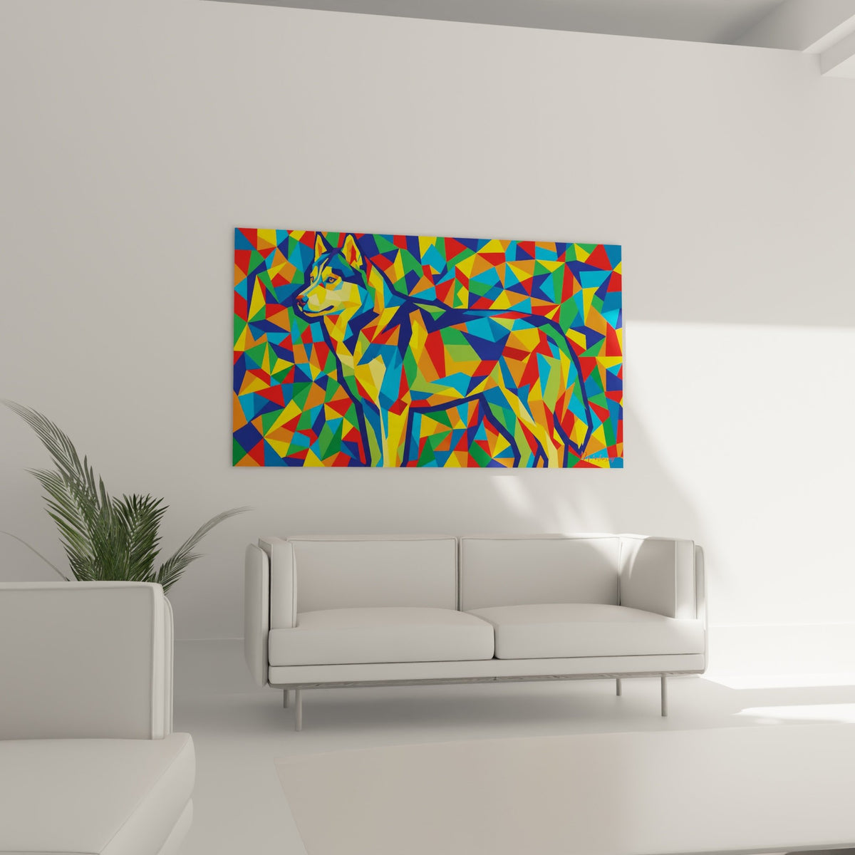 Detail tableau husky siberien facettes triangulaires couleurs vives