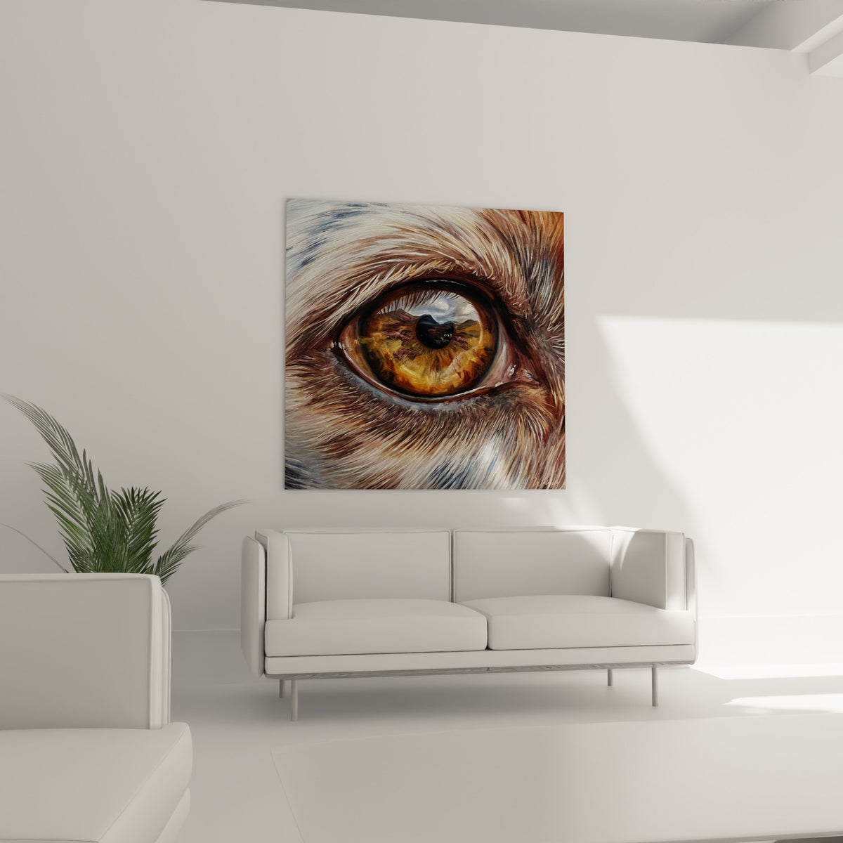 Detail iris dore et reflets lumineux oeil de Setter Anglais peinture hyperrealiste