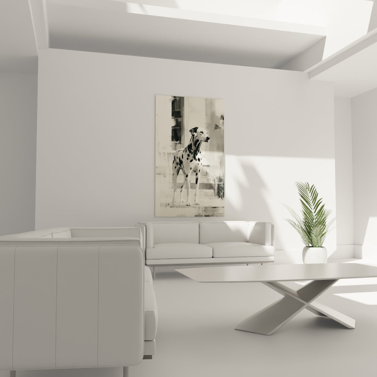 Gros plan sur peinture Dalmatien montrant details taches noires sur pelage blanc