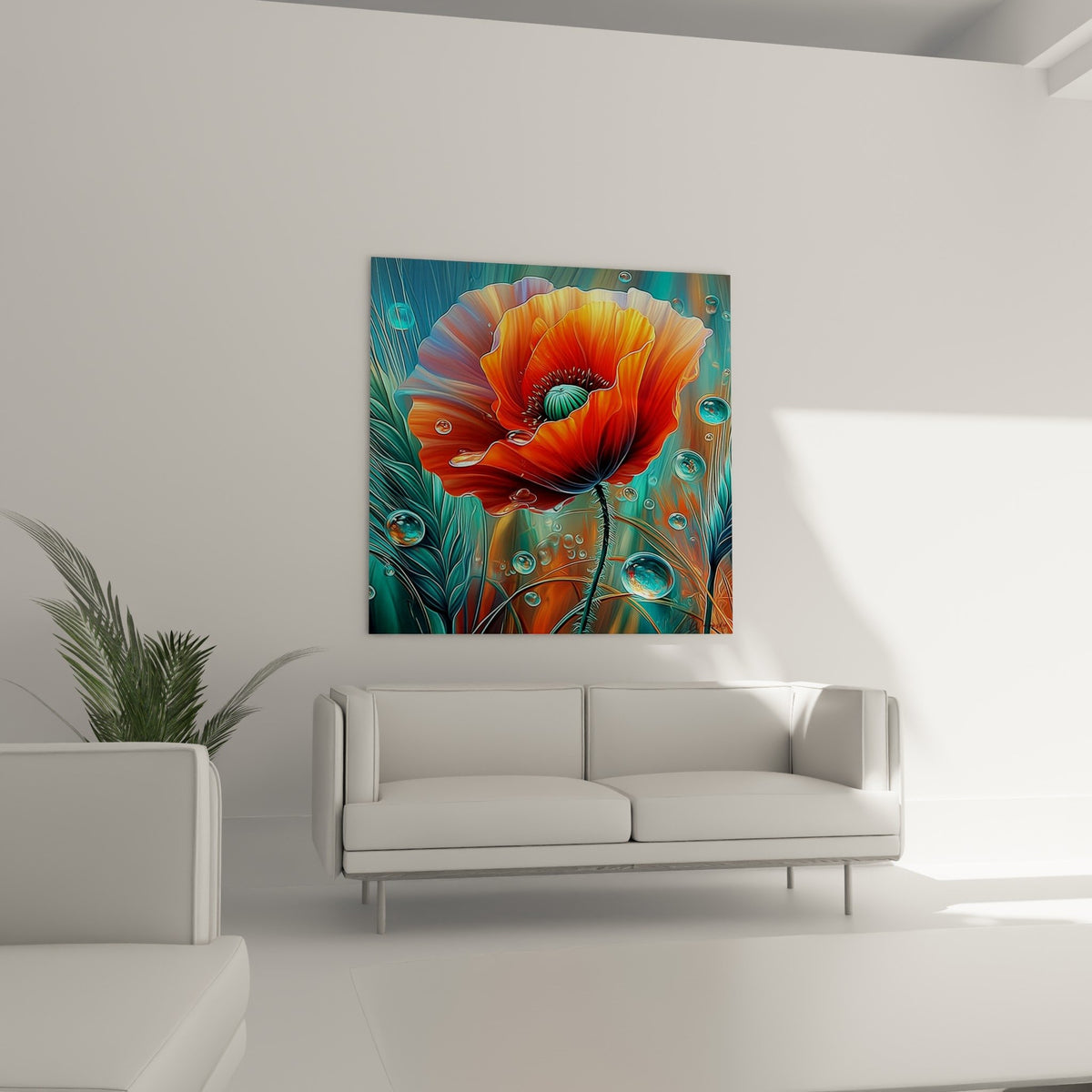 Détail pétales orange coquelicot avec gouttes cristallines, texture artistique turquoise