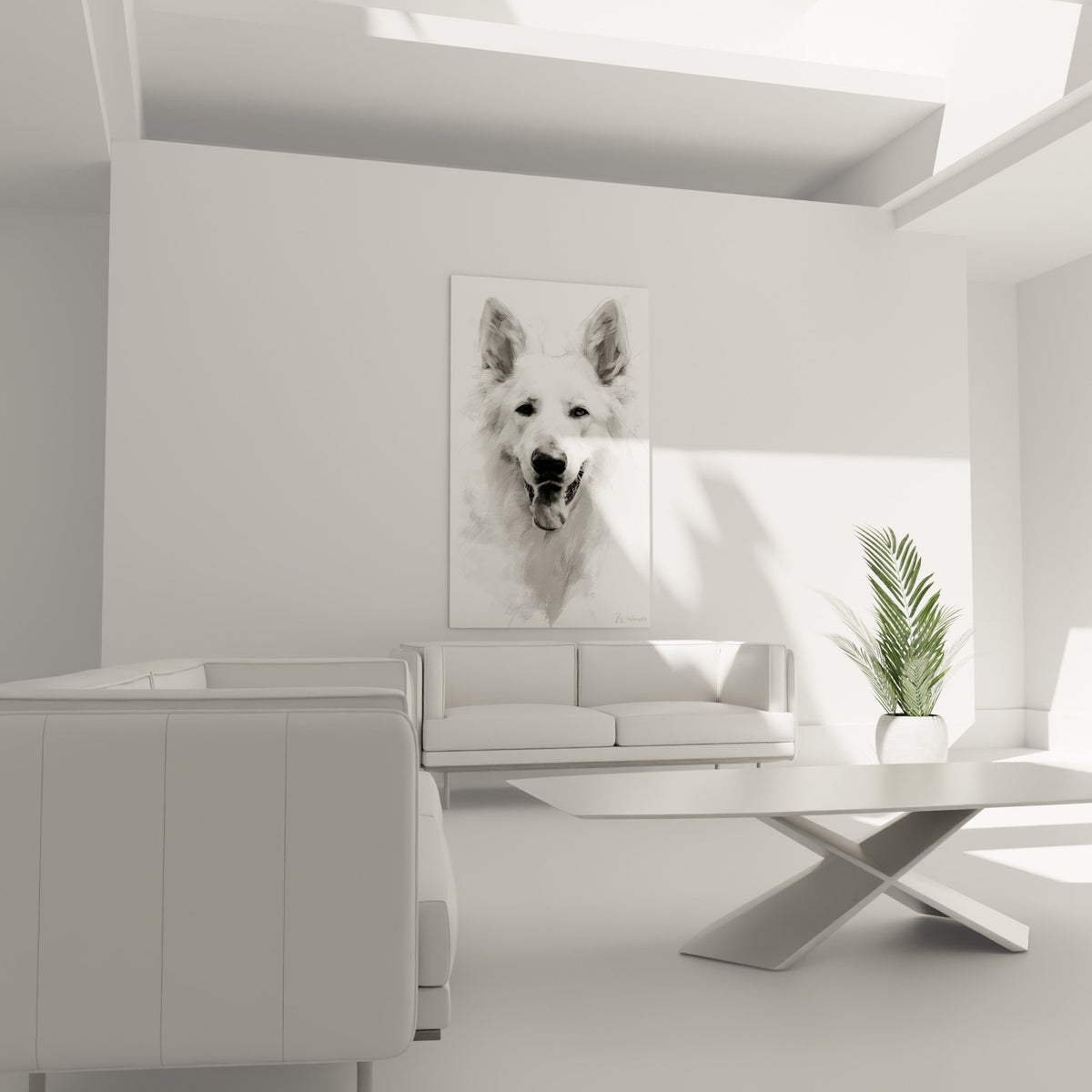 Gros plan portrait Berger Blanc Suisse technique dessin ombres grises detailles