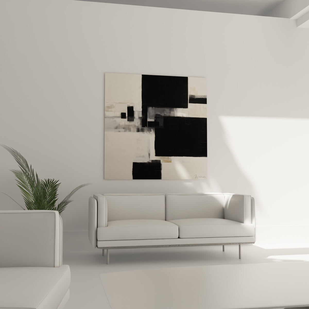 Detail tableau abstrait geometrique superposition rectangles noirs gris feng shui