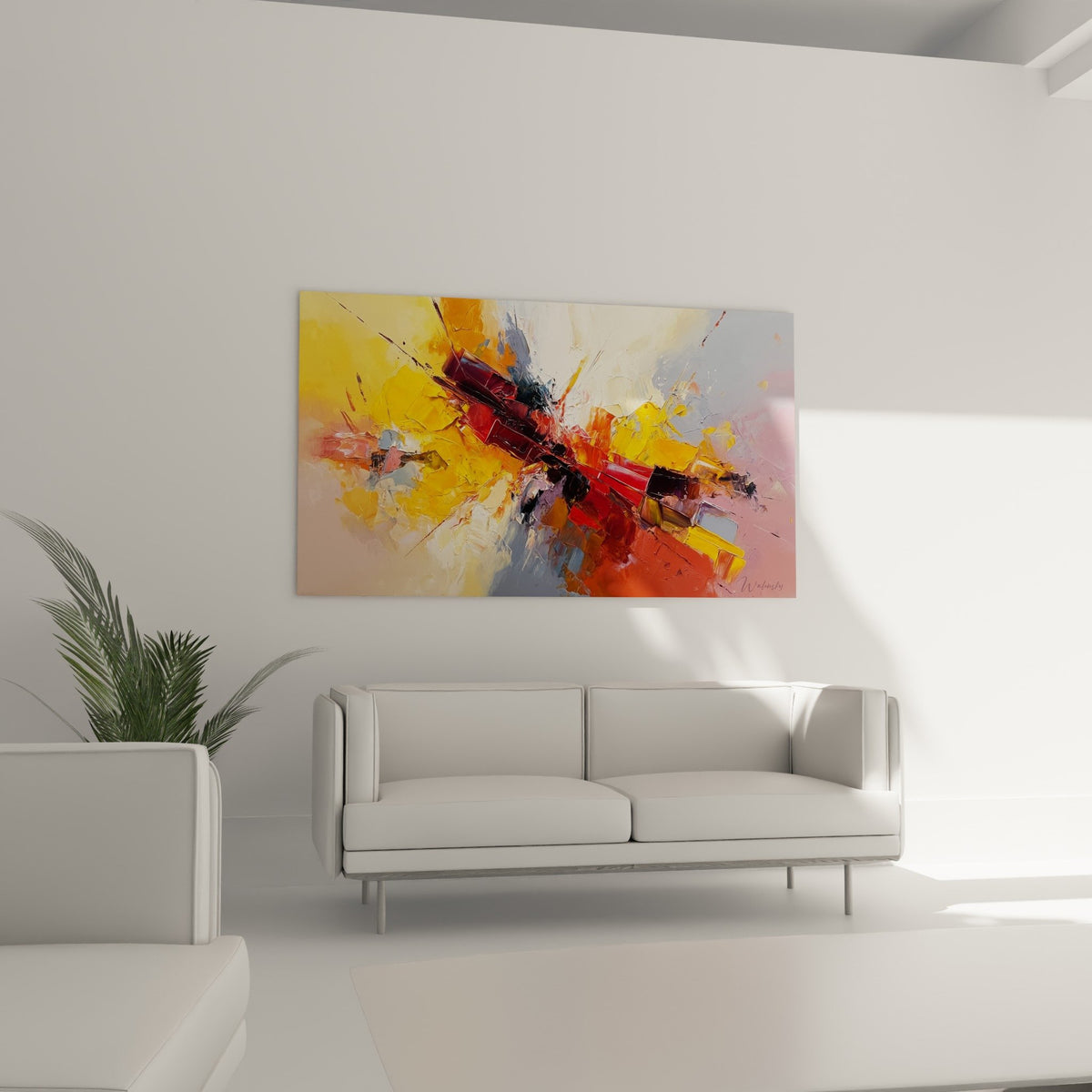 Detail tableau abstrait rouge orange texture peinture eclats colorés feng shui feu