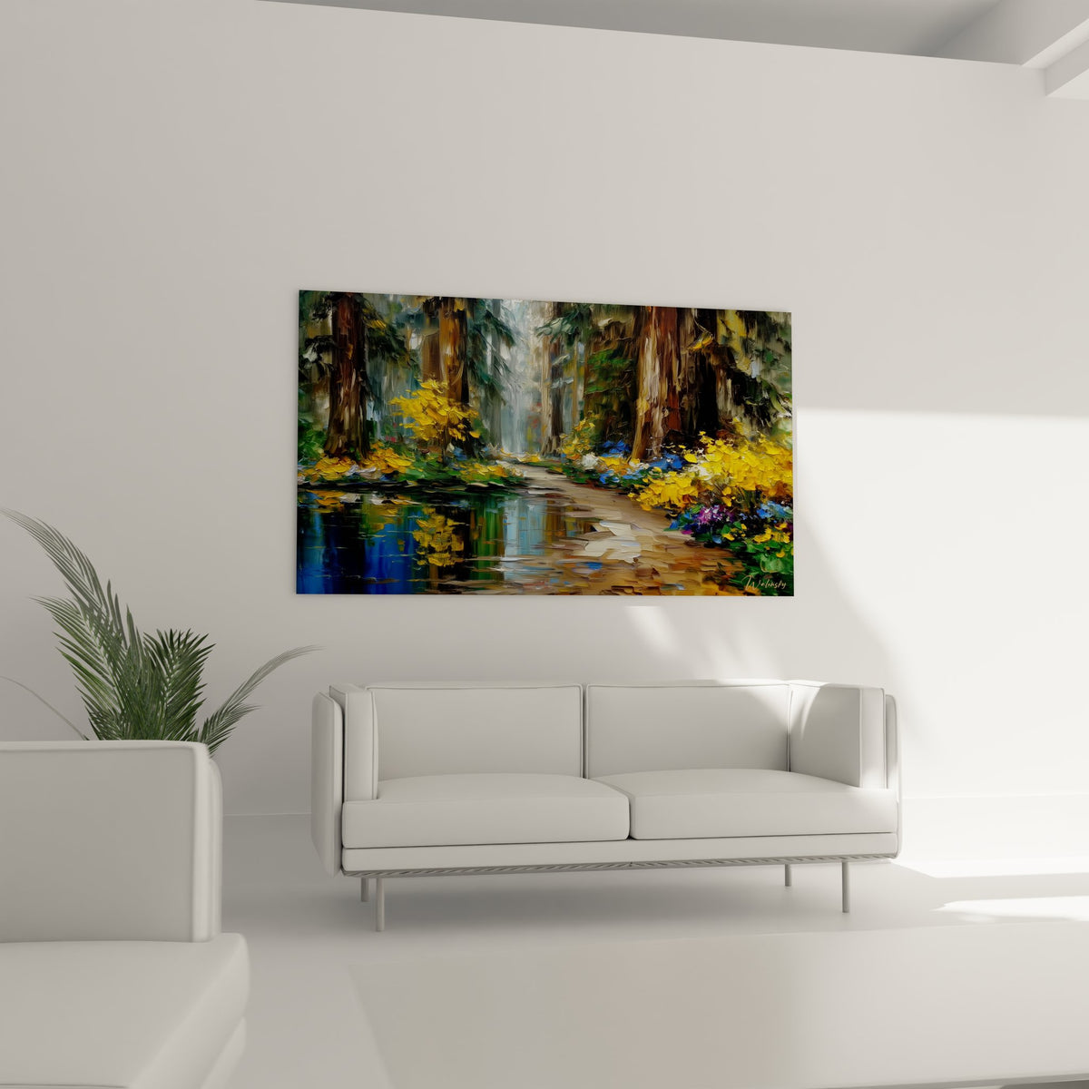 Détail gros plan tableau forestier montrant technique empâtement et couleurs automnales éclatantes