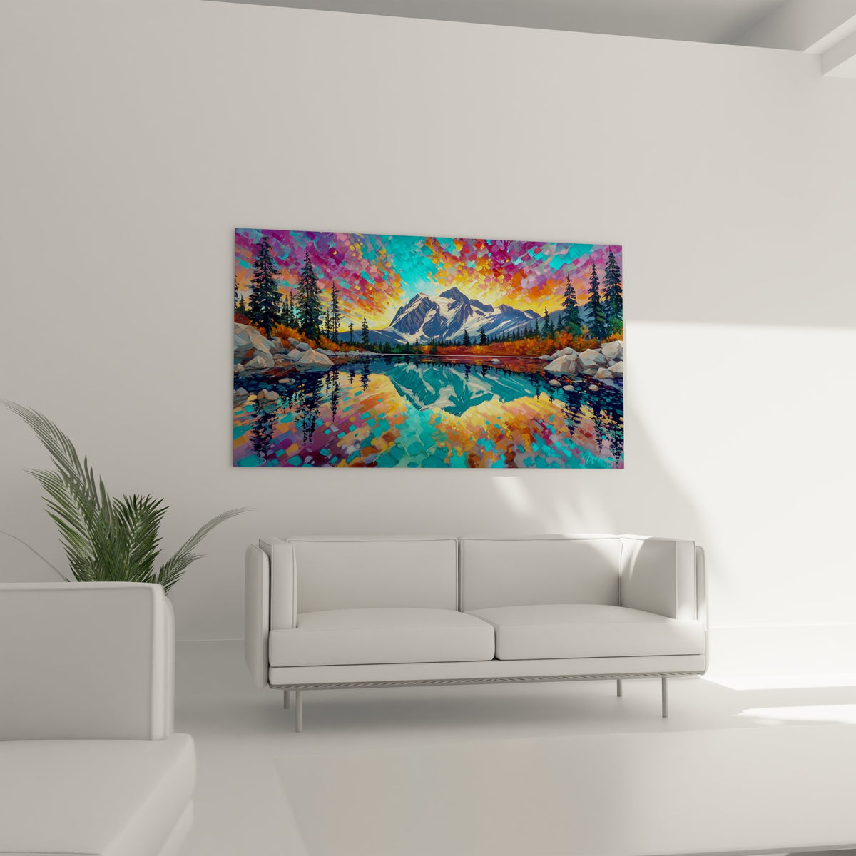 Détail tableau lac montagne reflets eau cristalline technique artistique pixelisée