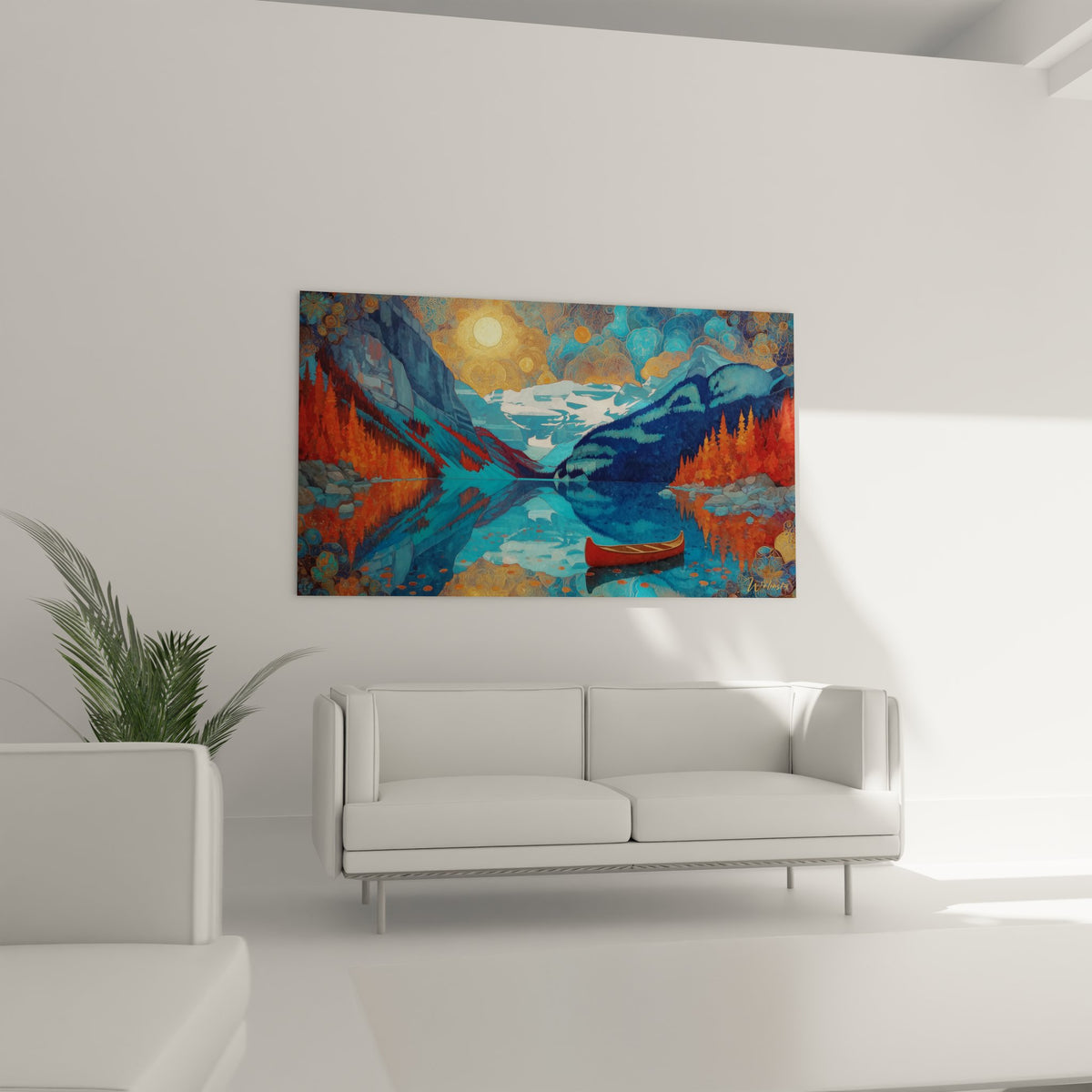 Détail gros plan tableau lac reflets dorés automne texture eau canoë rouge peinture artistique moderne