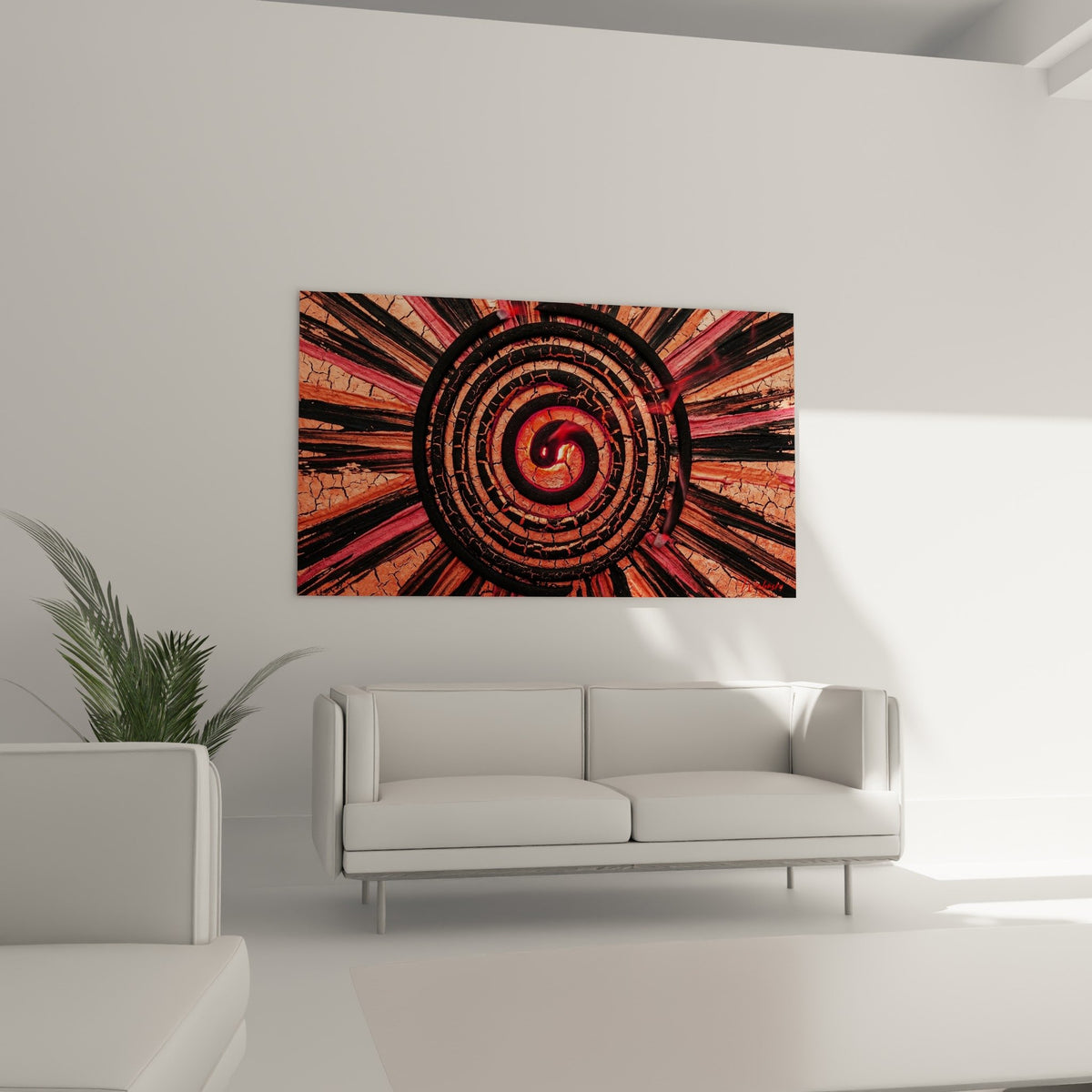 Détail texture craquelée spirale rouge orangée, cercles concentriques et reflets cuivrés