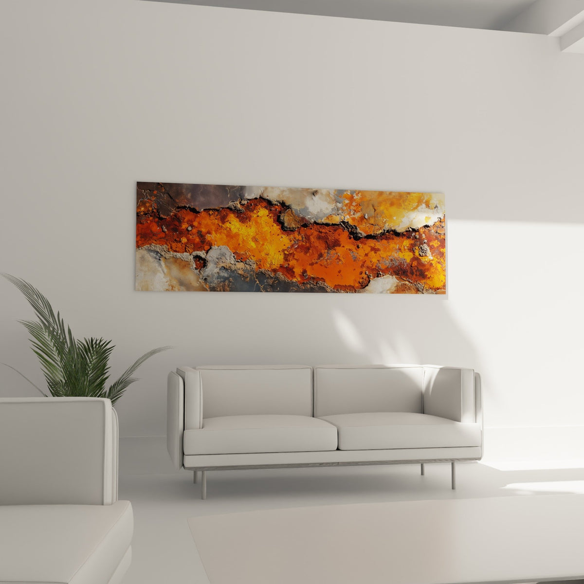 Détail texture tableau abstrait - Craquelures noires sur fond orange doré effet matière rocheuse
