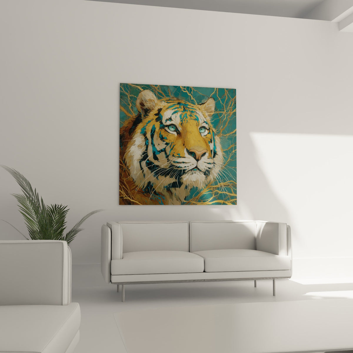 Detail tigre yeux turquoise perçants rayures noires pelage ocre sur fond bleu avec craquelures dorees artistiques