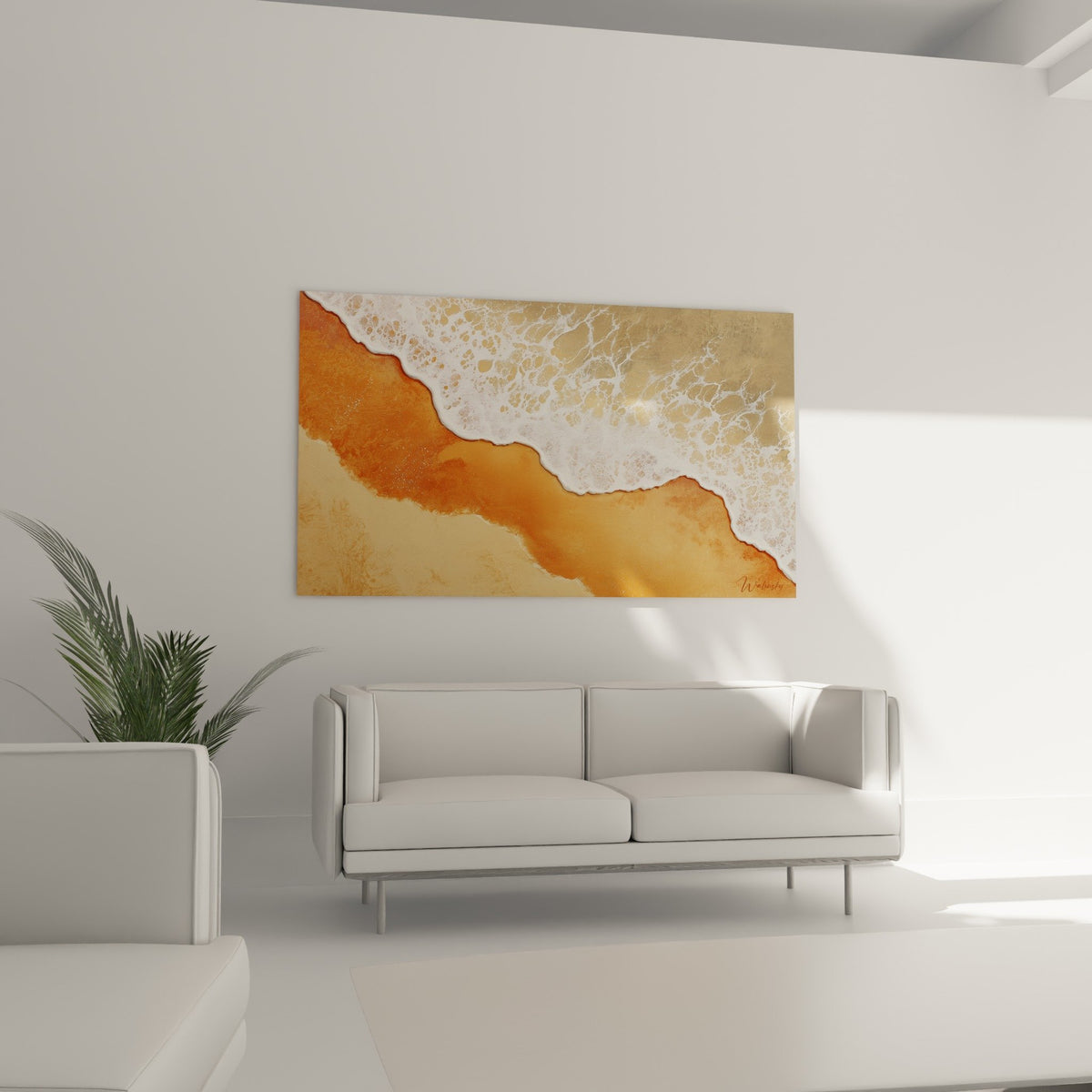 Detail tableau vagues ecume blanche sur sable dore texture aquatique feng shui centre terre