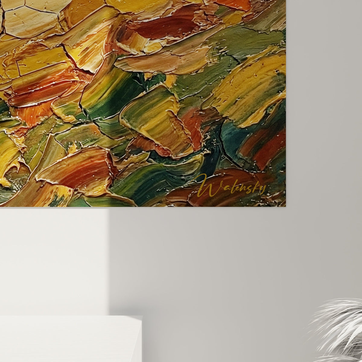 Vue ensemble tableau Corgi randonneur decoration interieur salon peinture huile montagne