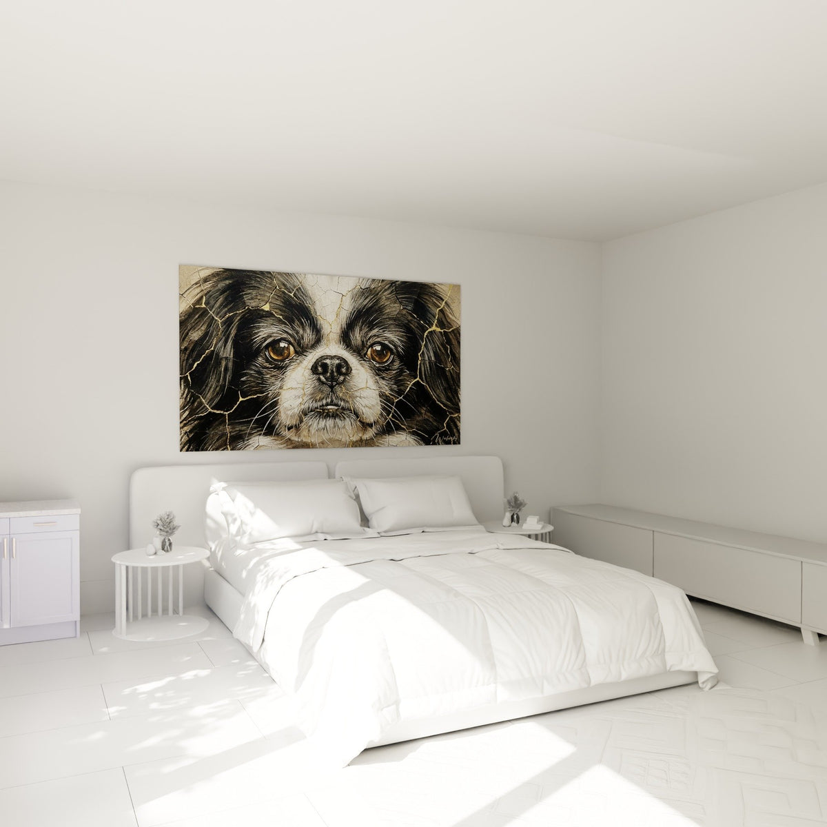 Tableau Epagneul Japonais tons dorés dans chambre moderne aux murs clairs