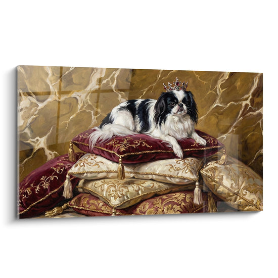 epagneul japonais couronne sur coussins brodes bordeaux or marbre tableau royal aristocratique