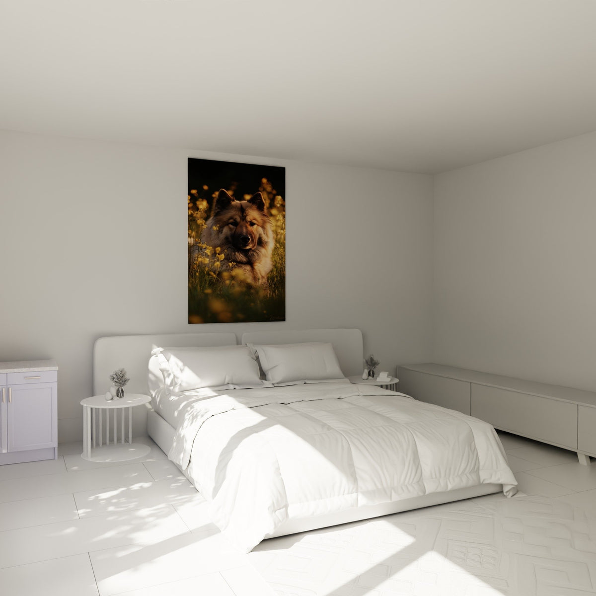 Eurasier portrait champ fleurs decoration chambre ambiance naturelle tons dores