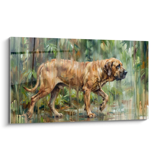 Tableau peinture Fila Brasileiro roux sous pluie foret verte effet aquarelle style contemplatif