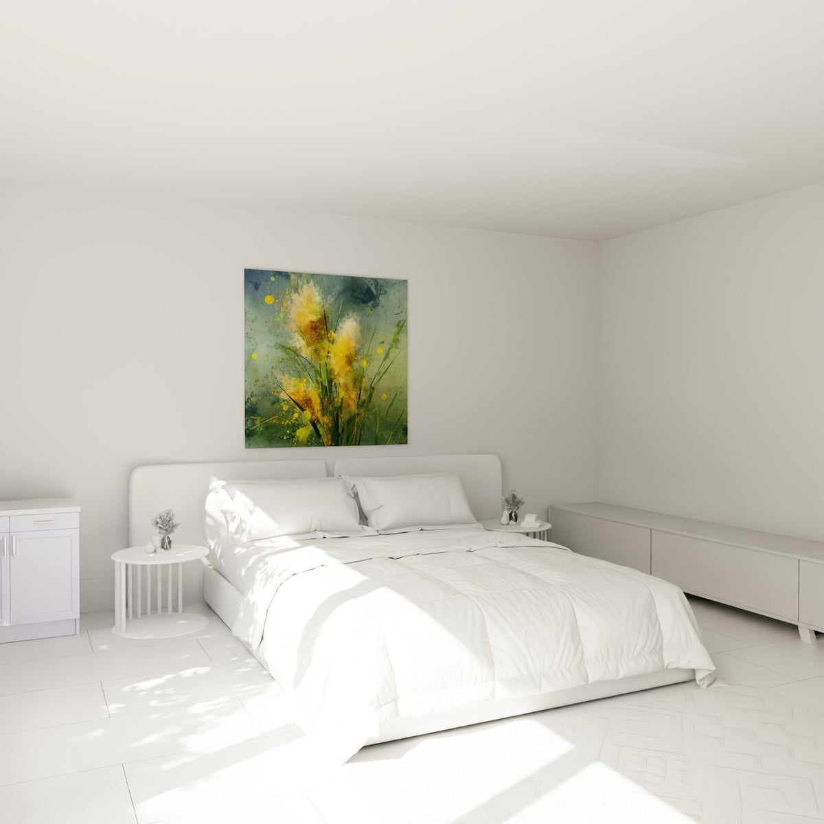 Tableau graminées dorées dans chambre moderne, ambiance naturelle et apaisante