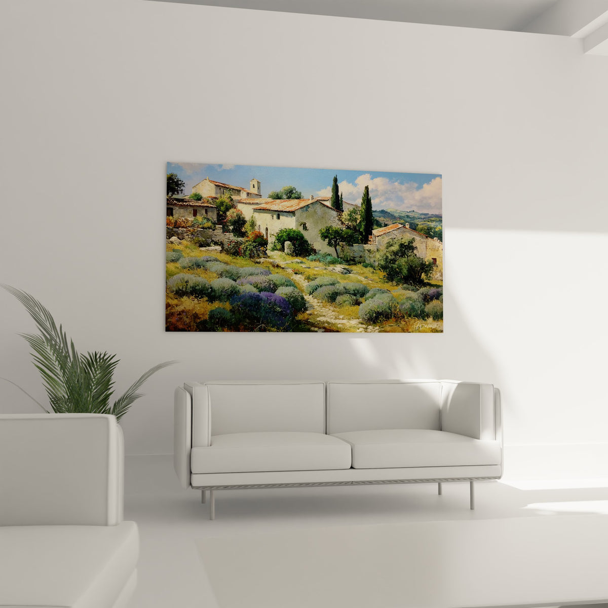 Détail gros plan tableau mas provençal traditionnel en pierre avec toits tuiles et lavande sauvage