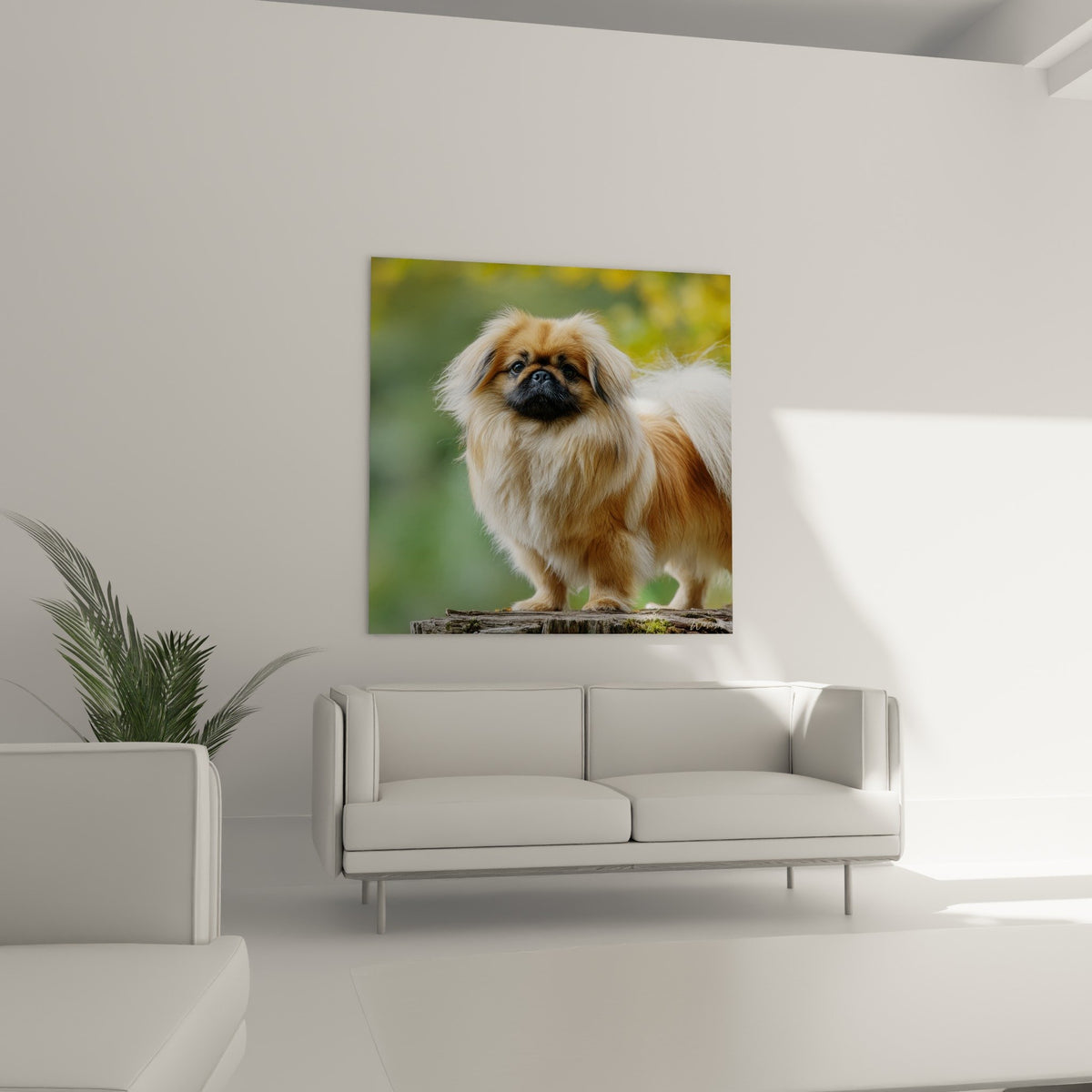Gros plan portrait pékinois pelage soyeux doré blanc, expression noble et douce, détails réalistes