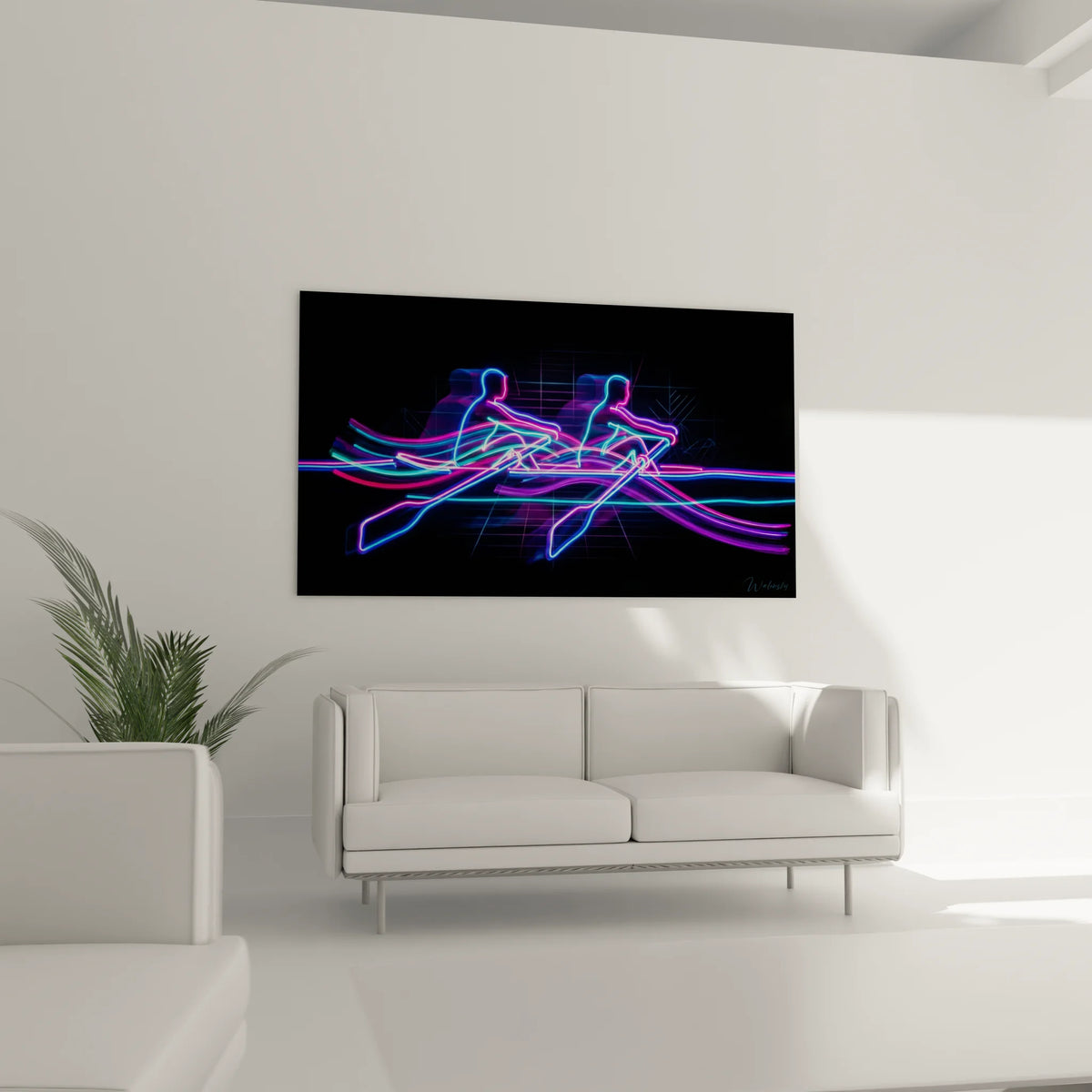 Gros plan sur les détails lumineux du tableau rameurs néon avec effets de lumière digitaux