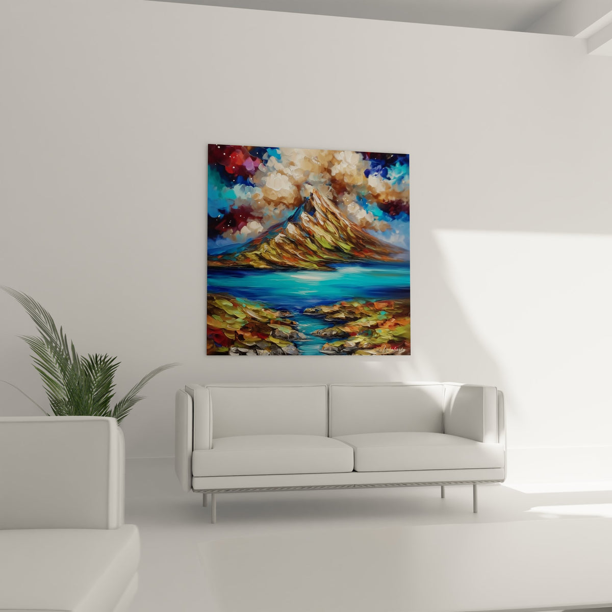 Gros plan tableau volcan - détails peinture montagne volcanique couleurs chaudes et froides