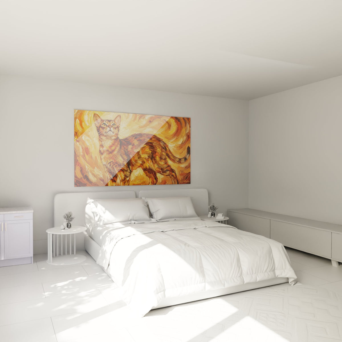 Décoration chambre avec tableau chat Abyssin tourbillons dorés ambiance chaleureuse art félin mural