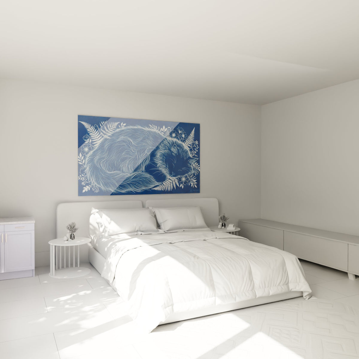 Tableau chat Ragamuffin bleu dans chambre moderne, décoration murale féline apaisante et élégante