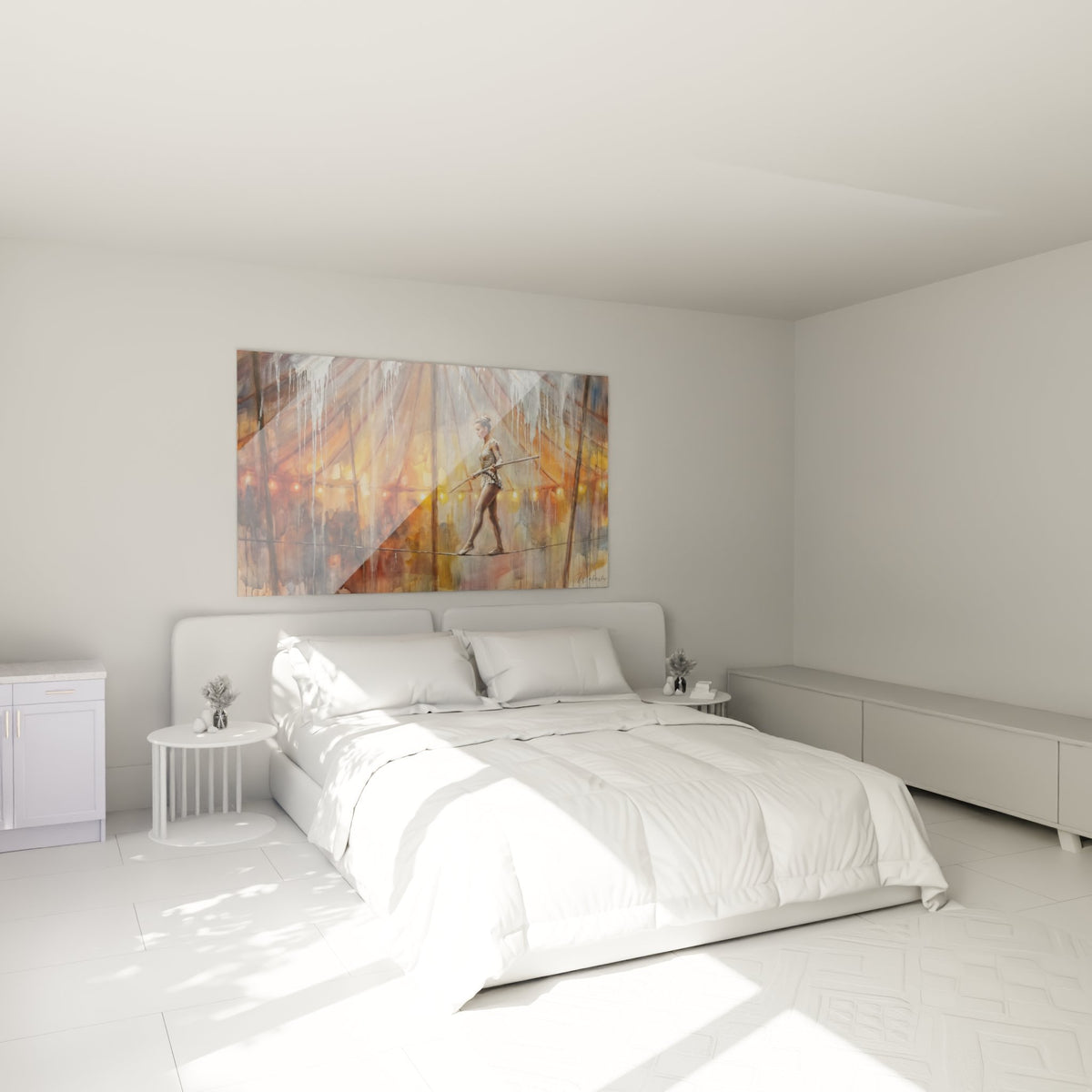 Tableau funambule cirque dans chambre moderne, art mural chapiteau ambiance chaleureuse décoration murale