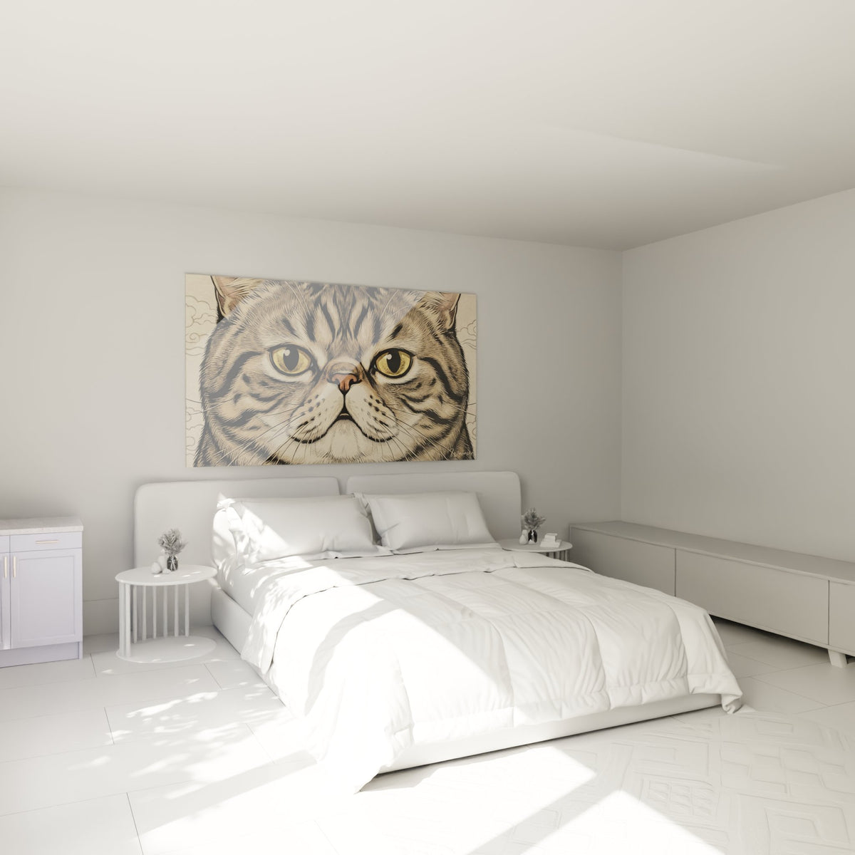 Tableau chat Exotic Shorthair yeux dores dans chambre moderne decoration murale art felin contemporain