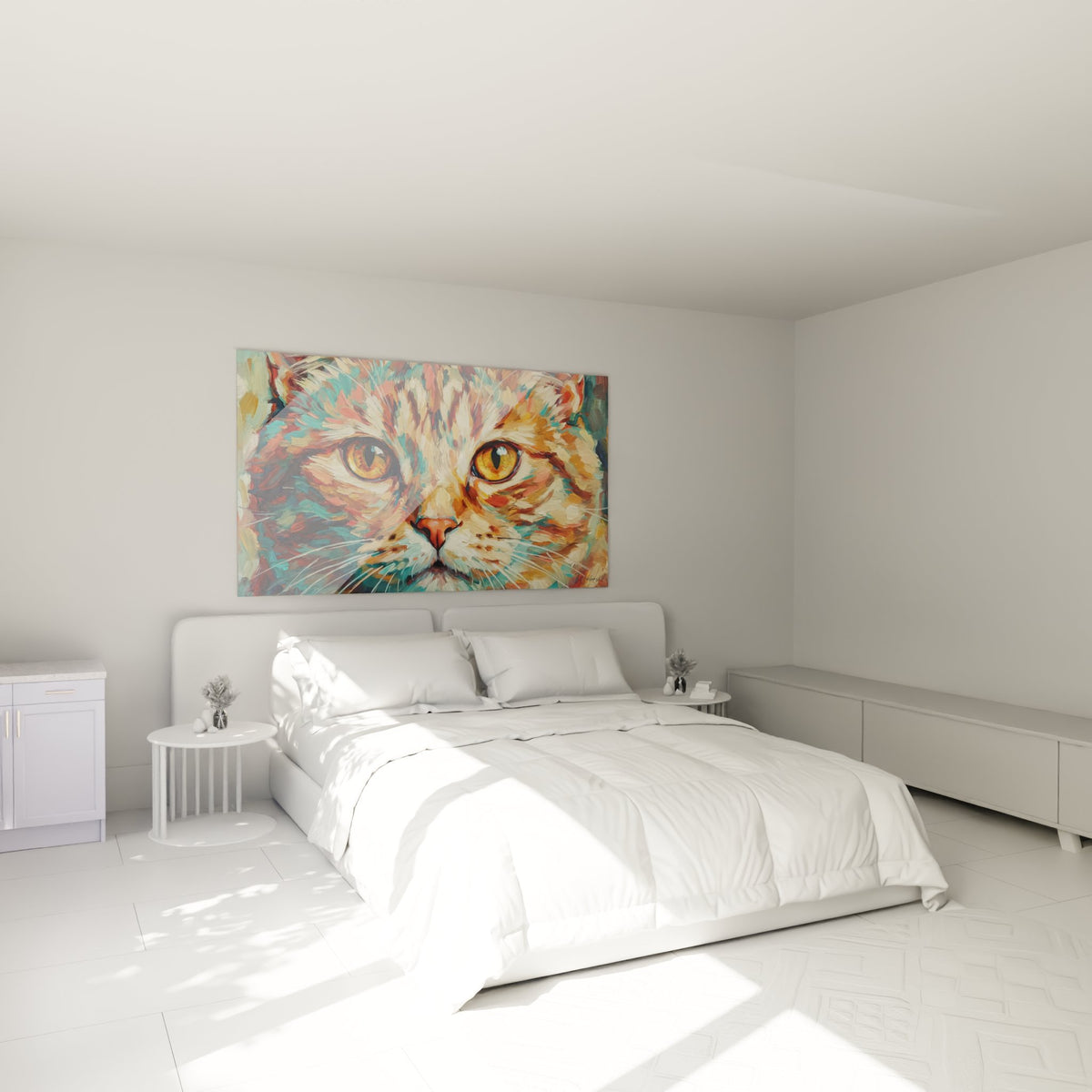 Décoration murale chat coloré dans une chambre moderne avec palette turquoise et orange