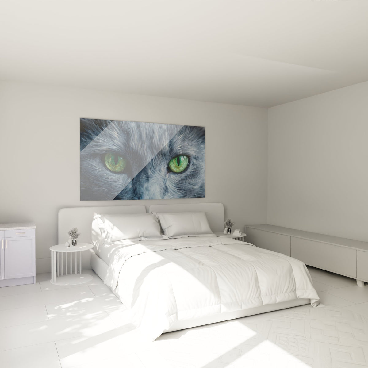 Decoration murale chambre avec tableau chat Nebelung yeux verts dans ambiance moderne et apaisante
