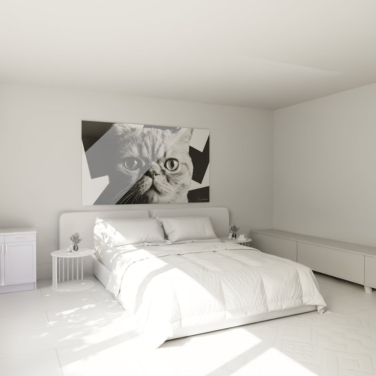 Tableau portrait chat Exotic Shorthair noir blanc accroche au mur chambre decoration murale moderne elegant