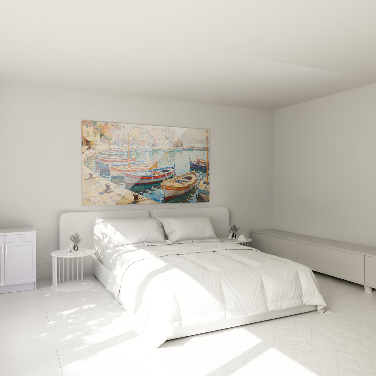 Décoration chambre avec tableau port méditerranéen aux barques colorées, ambiance Côte d'Azur authentique