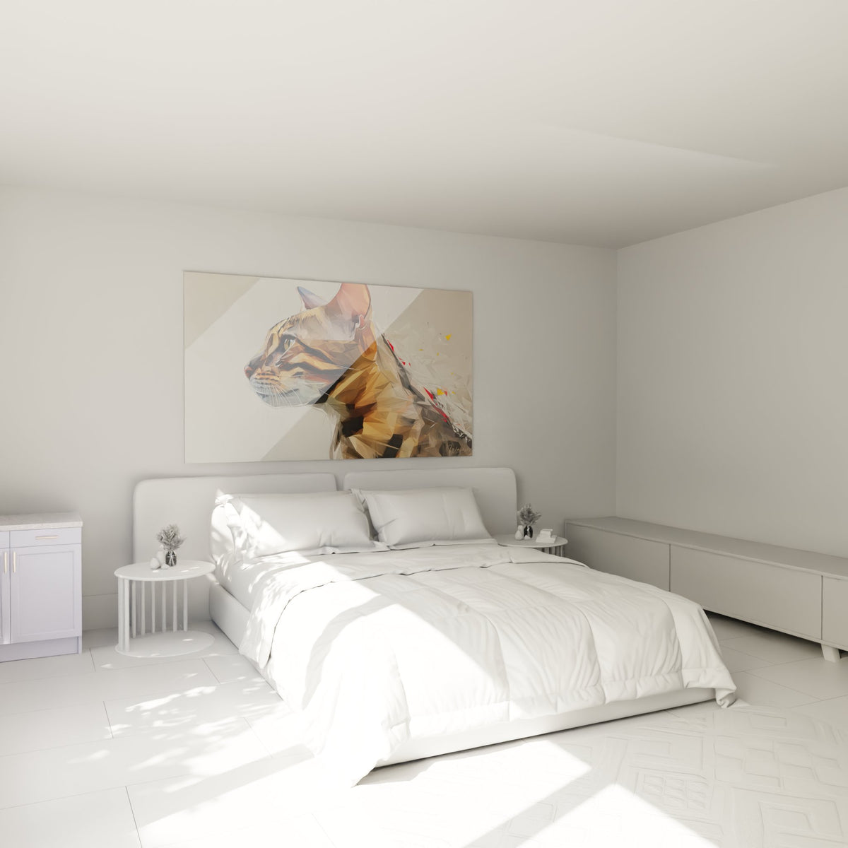 Tableau chat Toyger polygonal decore chambre moderne art mural felin geometrique ambiance chaleureuse
