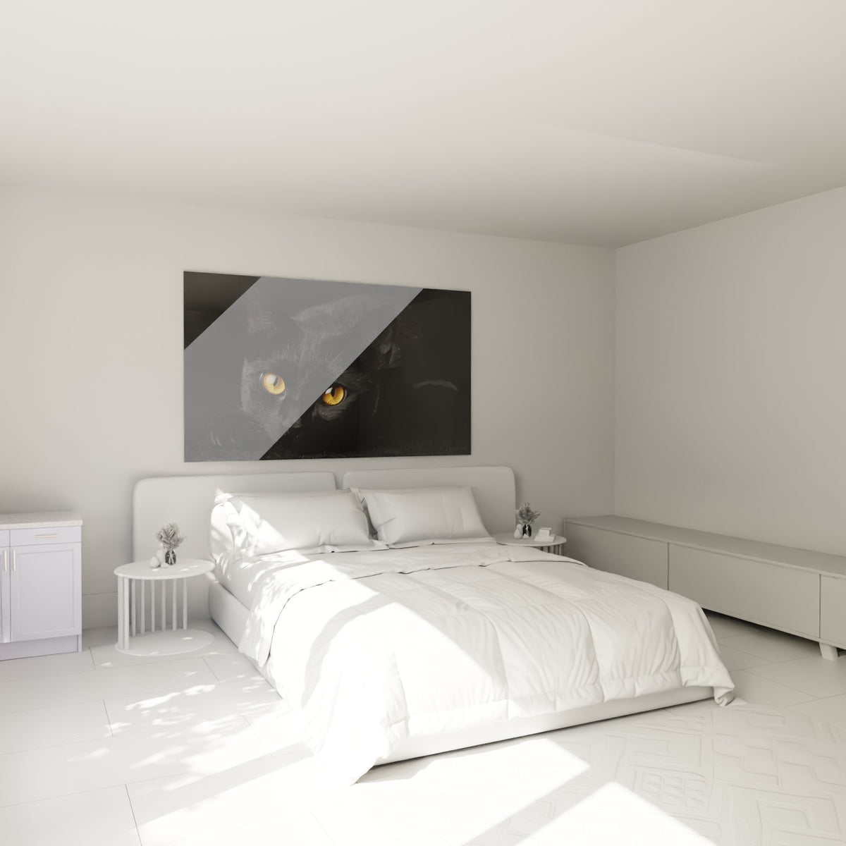 Tableau chat Bombay yeux dorés dans chambre moderne, décoration murale féline élégante au-dessus du lit