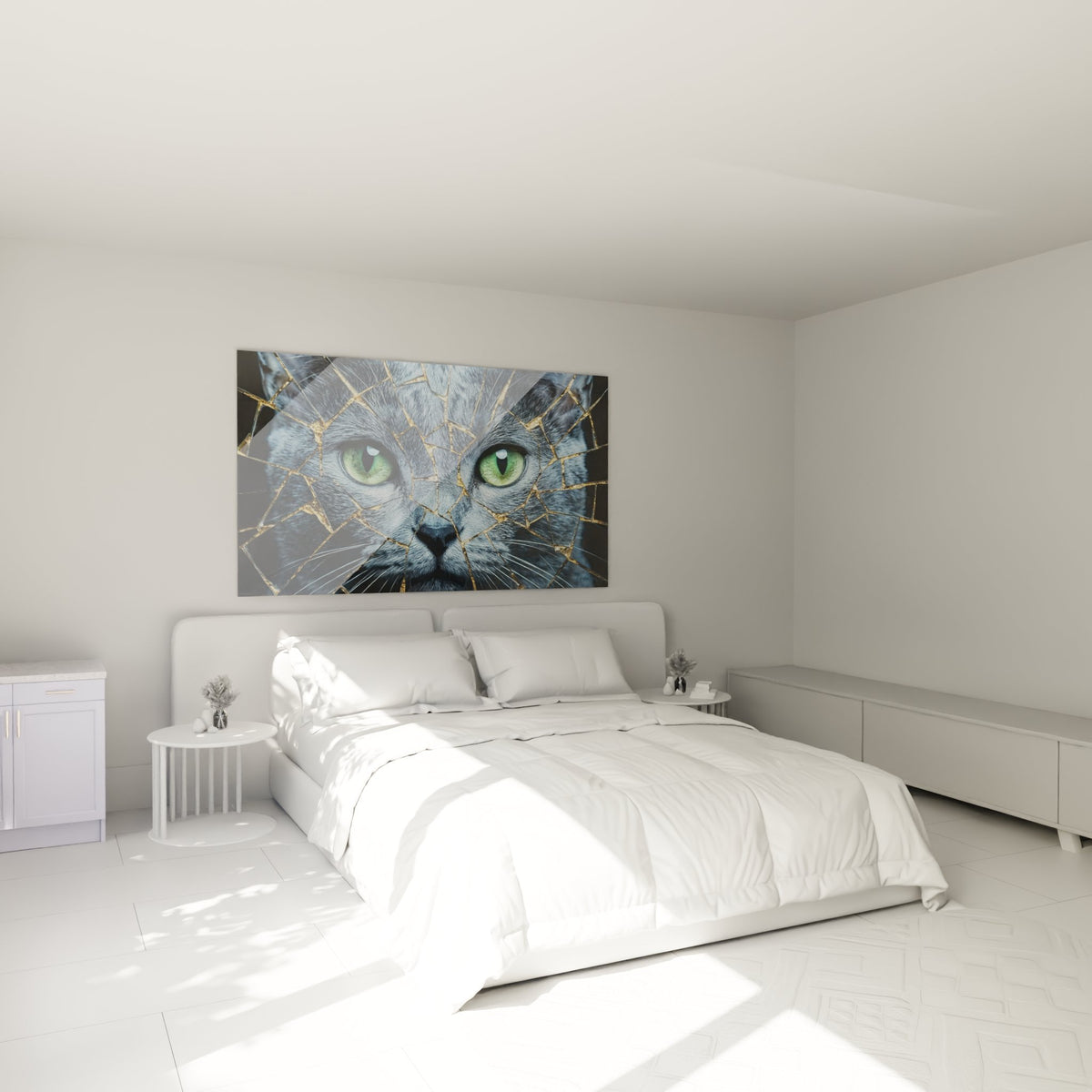 Décoration chambre avec tableau chat Korat mosaïque dorée créant ambiance moderne et sophistiquée