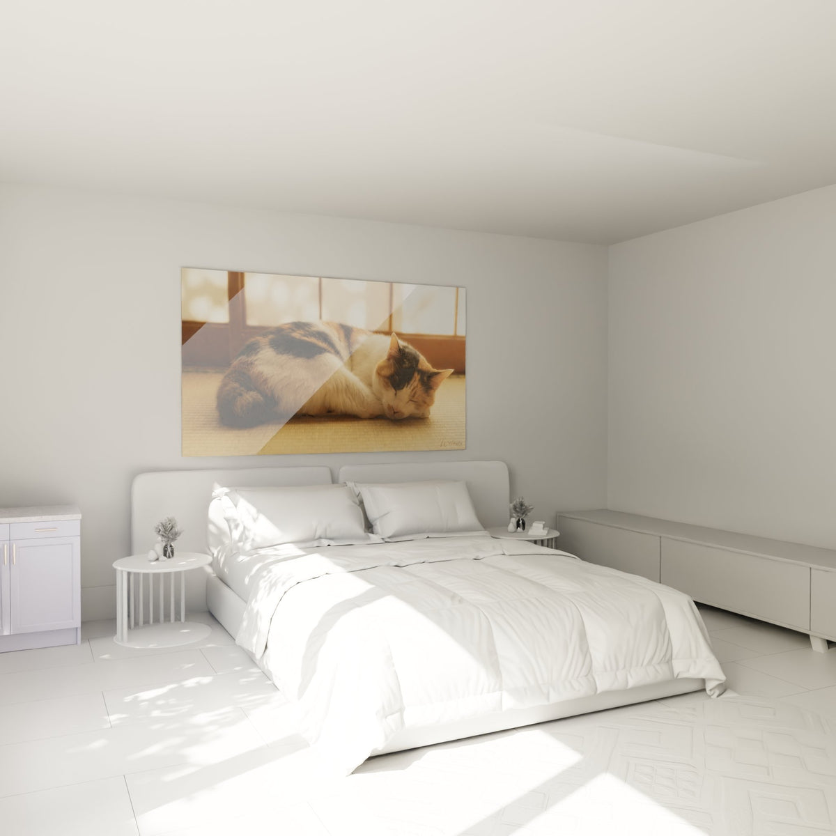 Tableau mural chat Japanese Bobtail endormi decore chambre style japonais avec lit et atmosphere zen apaisante