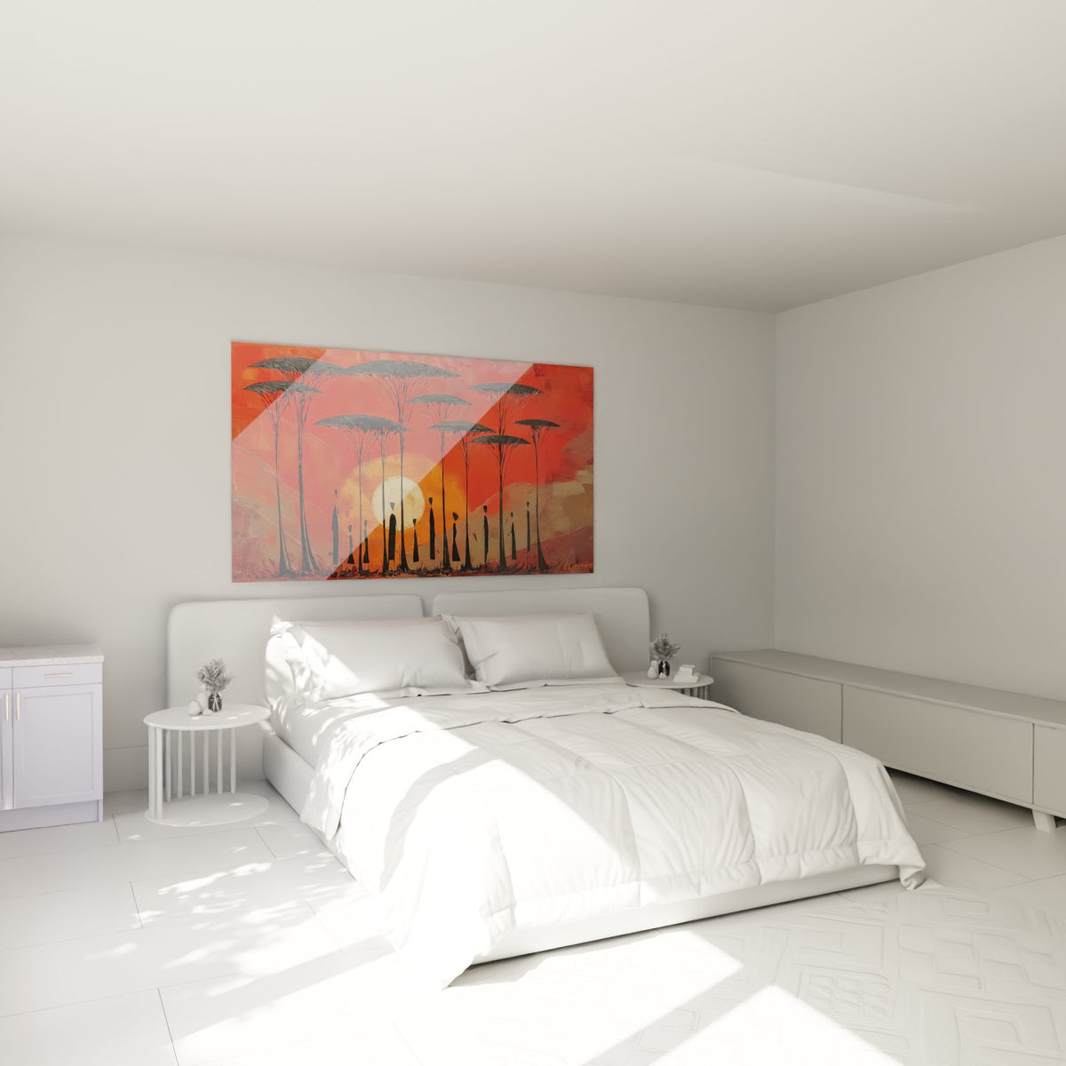 Decoration murale paysage africain accroche dans chambre moderne avec coucher soleil et arbres savane