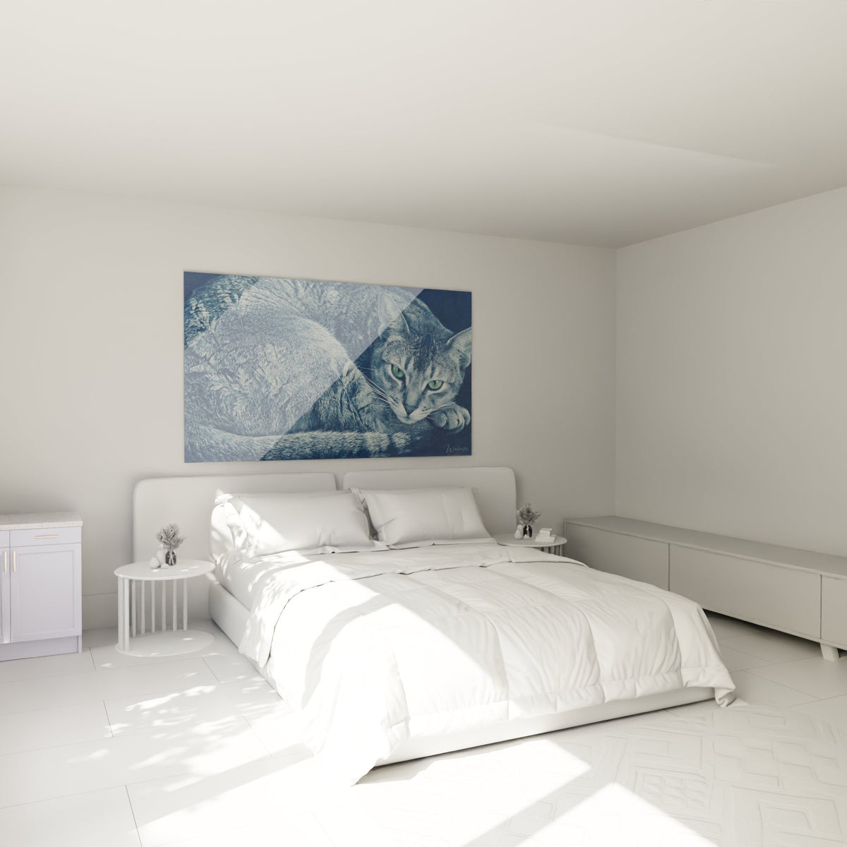 Tableau chat Abyssin bleu décorant une chambre moderne avec élégance et sérénité