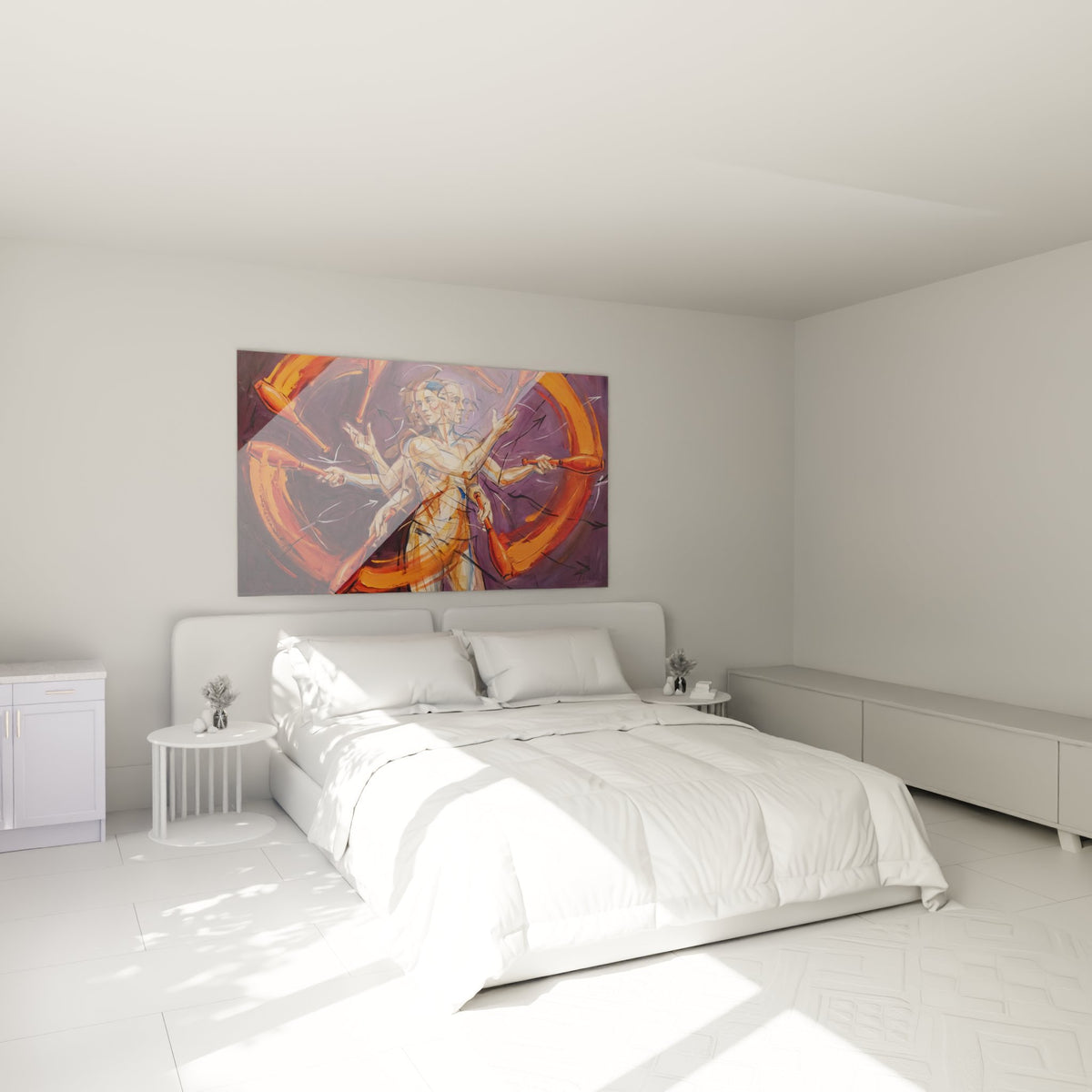 Tableau jongleur cirque dans chambre moderne, décoration murale artistique aux tons oranges et violets