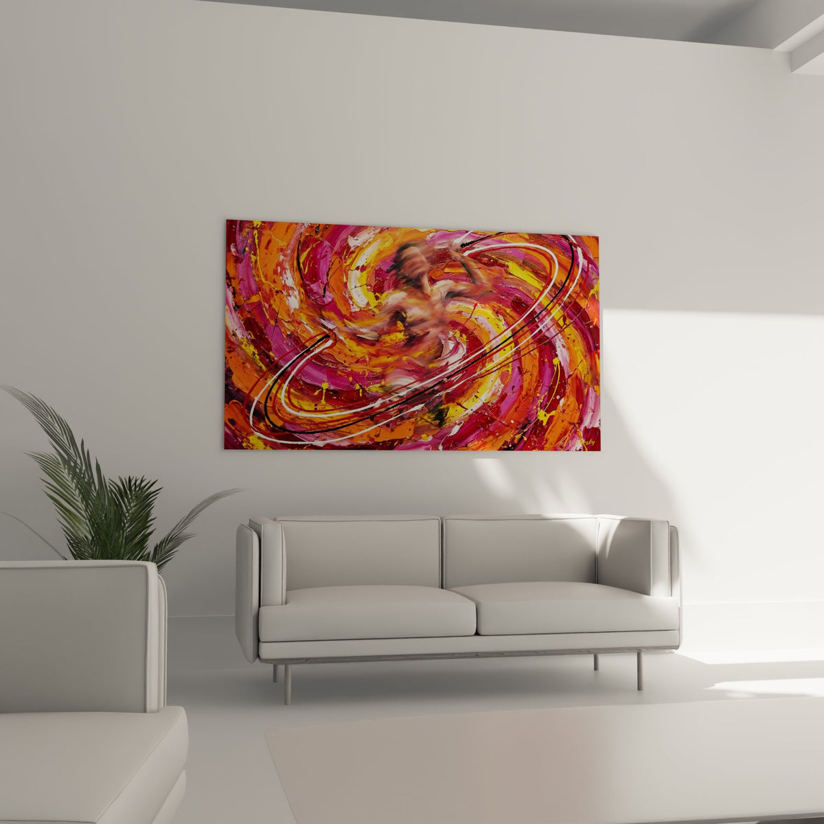 Détail gros plan peinture abstraite texture couleurs rouge orange violet lignes fluides blanches