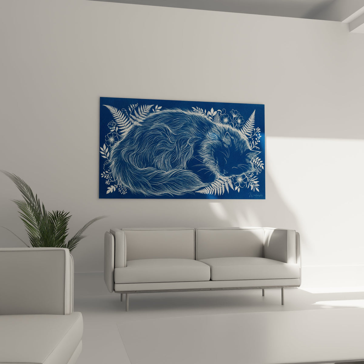 Détail rapproché tableau Ragamuffin endormi, pelage blanc sur fond bleu, technique cyanotype artistique