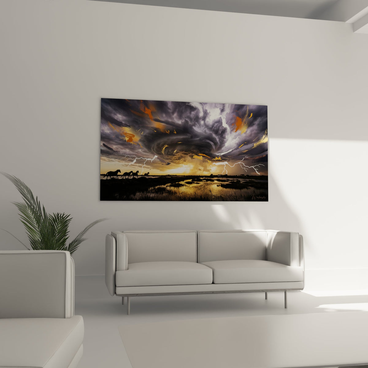 Detail tableau chevaux sauvages Camargue texture peinture eclairs ciel orageux couleurs intenses