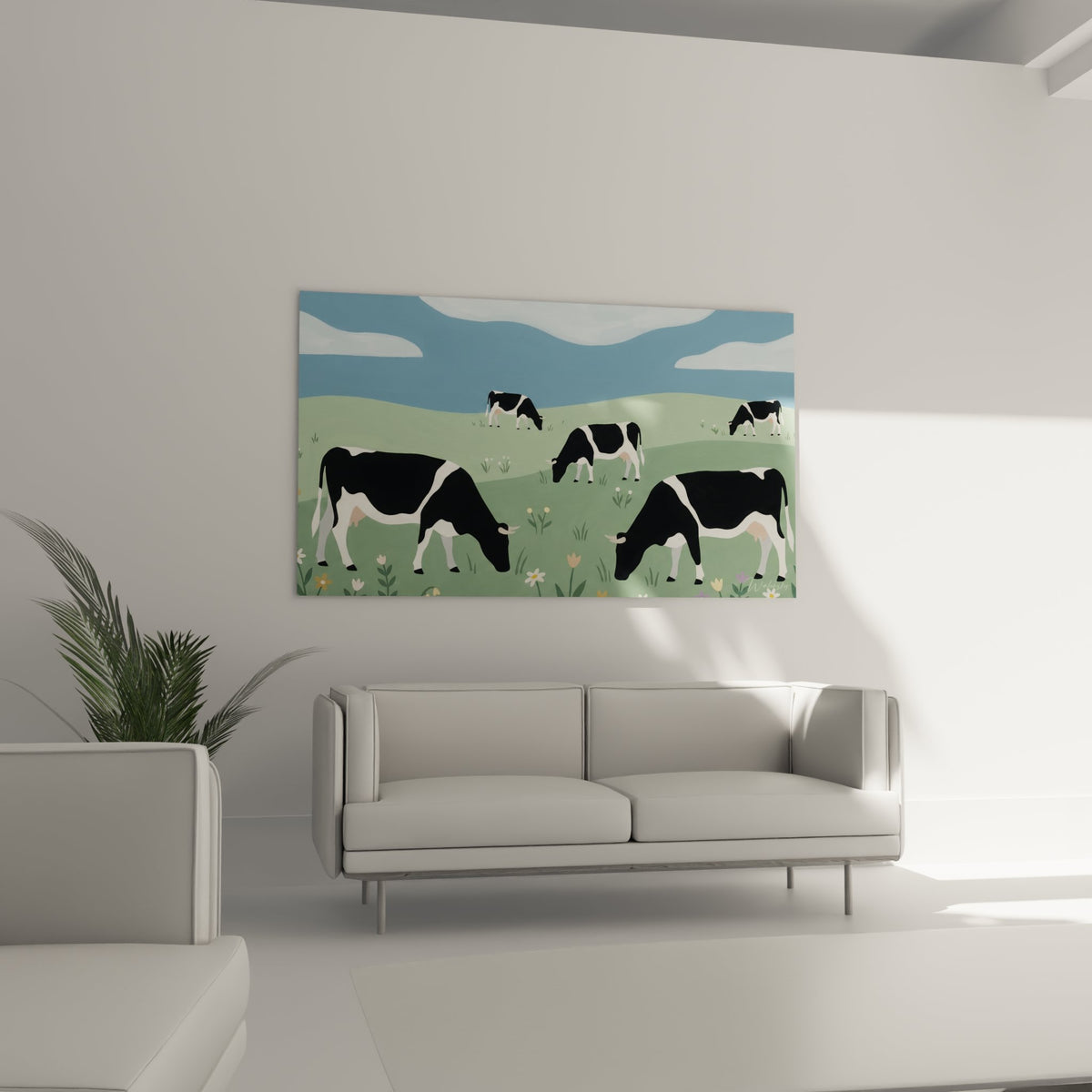 Détail rapproché du tableau montrant les vaches Holstein paissant dans les prairies fleuries des Vosges